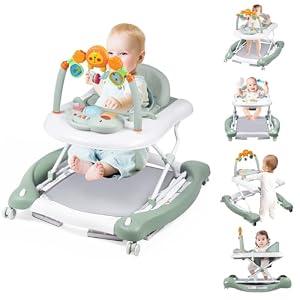 Boyro Baby Baby Walker, 5-in-1 Baby Walkers for Boys and Girls 6-12 Months with Bouncer, Removable Footrest, Feeding Tray & Music, Foldable & Adjustable Activity Walker for 6-18 Months Toddler Infant
