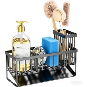 Cisily Sink Caddy Sponge Holder for Kitchen with Brush Holder and Stainless Steel Self Drain Tray, Rustproof Kitchen Sink Organizer for Sponge, Soap Dispenser Storage Accessories (9.25, Black)
