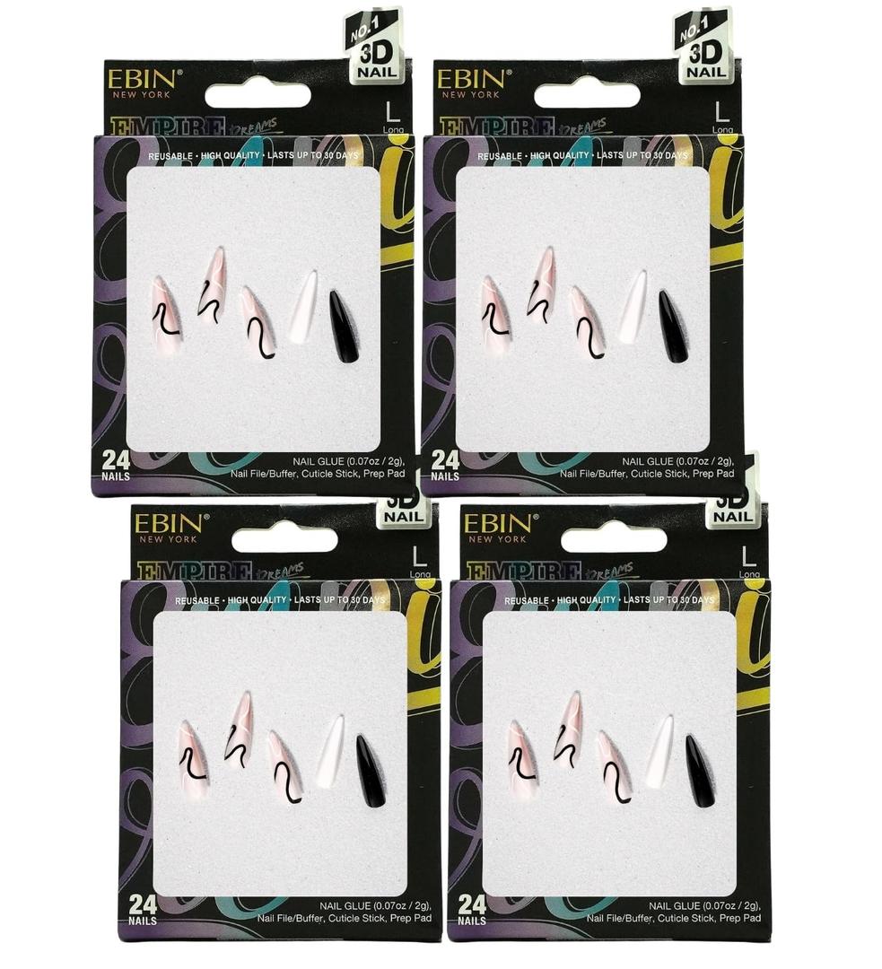 Nails Press Ons Long 4x 3D Nail Lux Freestyle Press-On NailsLong and Extra Long Coffin Style with Reusable Stiletto Design by EBIN NEW YORK Bundle Vegan Friendly Nail Fashion Gift Set (4 Items)