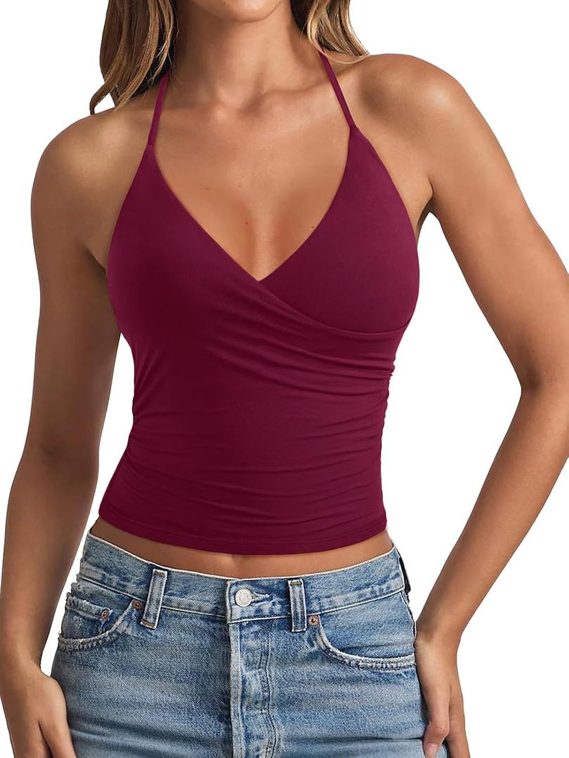 REORIA Women's Basic Cross Wrap V Neck Backless Double Lined Halter Tank Tops Cute Summer Trendy Sleeveless Shirts (Red, M)