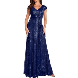 meilun Short Sleeve Sequin Dress for Women Formal Evening Gowns Sparkly V Neck 1920s Long Dress (Large)
