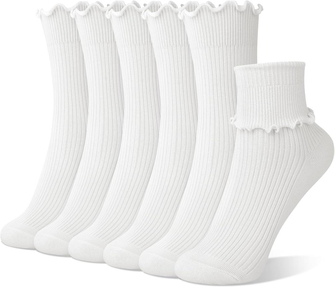 3 x 6 Pairs Ruffle Socks for Women, Cute Frilly Crew Socks