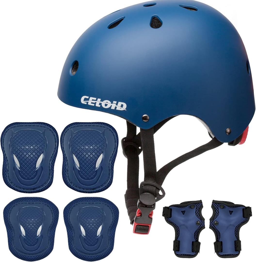 CELOID Kids Helmet Pad Set, Adjustable Kids Skateboard Bike Helmet Knee & Elbow Pads Wrist Guards 8-14yrs Youth Protective Gear Set for Girls Boys Bicycle Bike Roller Skating Scooter Rollerblade Sport