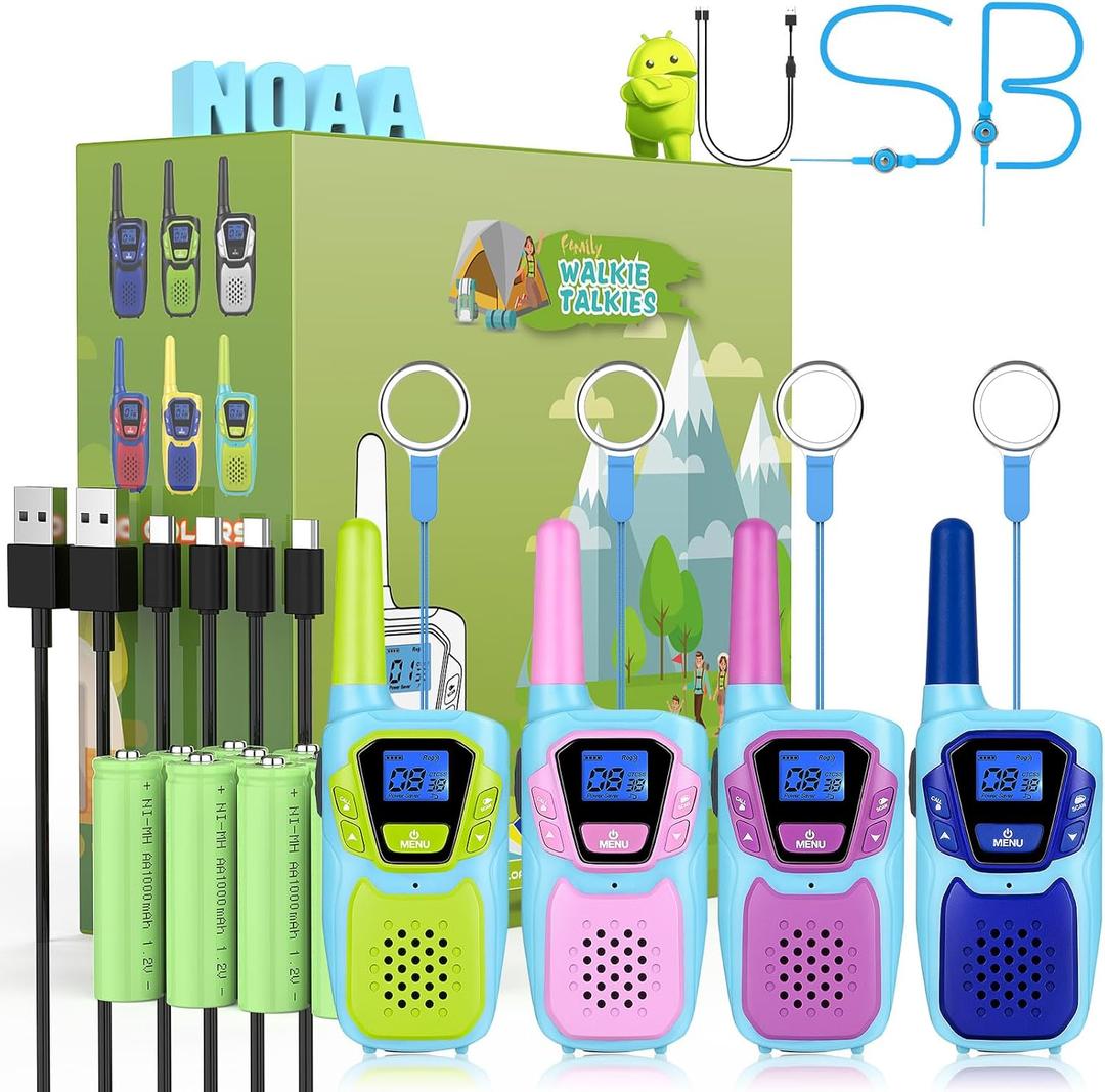Topsung Walkie Talkies for Kids Long Range Walkie-Talkie for Adults Rechargeable 4 Pack with Lanyard NOAA USB, Family Pink 2 Way Radio Toys for 3-12 Year Old Boys Girls Toddlers Camping Skiing (Blue Green Purple Pink)