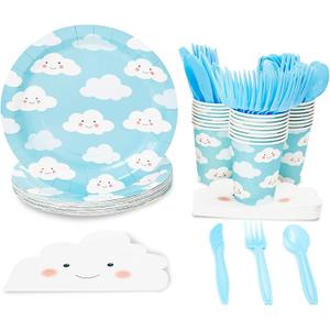 Juvale Disposable Dinnerware Set - Serves 24 - Cute Clouds Design, Kids Birthday, Baby Shower Parties, Includes Plastic Knives, Spoons, Forks, Paper Plates, Die-Cut Cloud Napkins, Cups, Sky Blue
