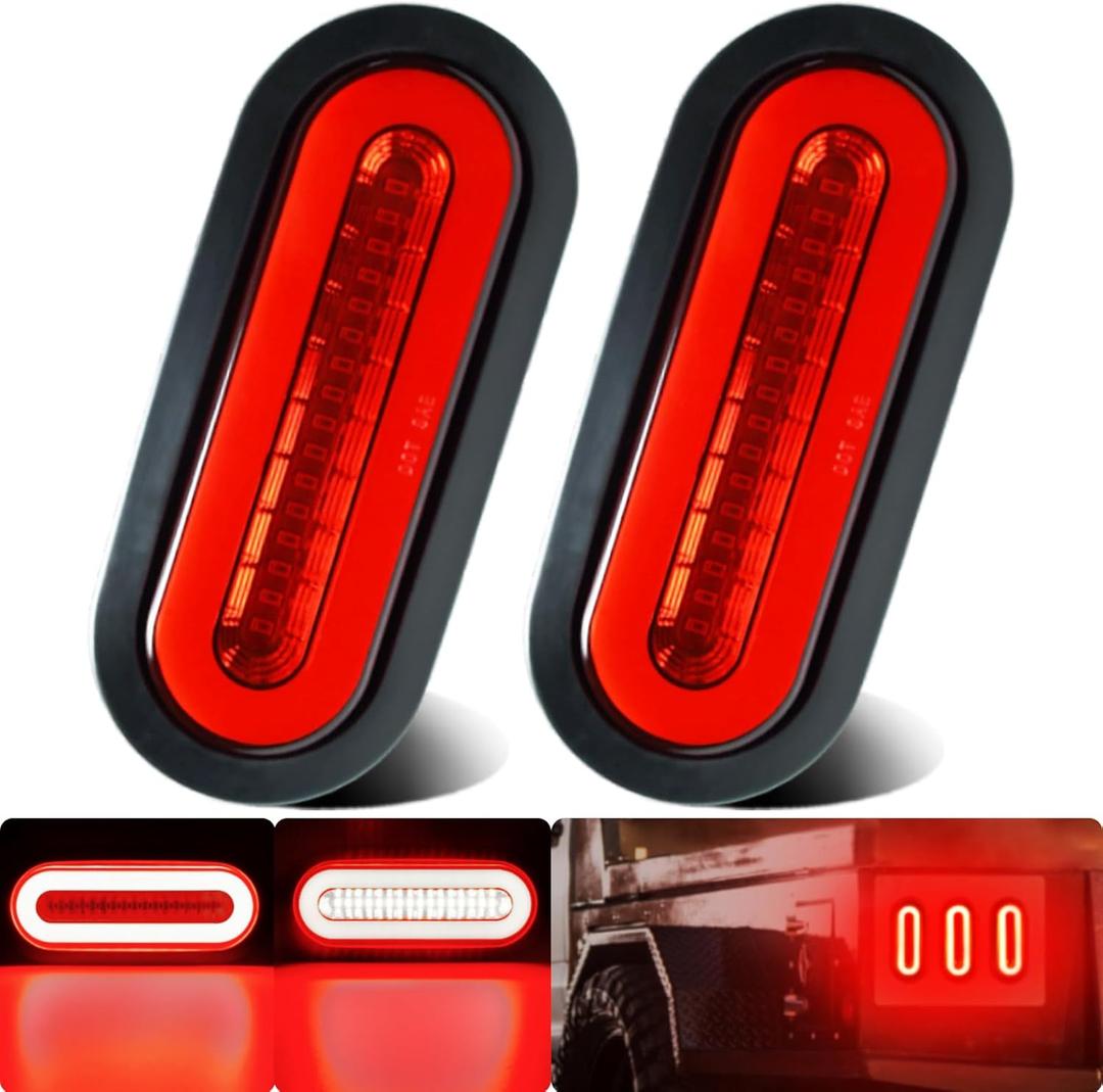 2Pcs 6" inch Oval LED Trailer Red 52 LEDs Halo Brake Stop Turn Signal Running Tail LightsPatented w/Rubber Grommet Sealed Waterproof IP67 for Truck/RV/Van, DC 12V