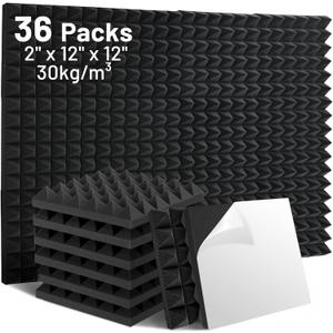 Focusound 36 Pack Sound Proof Foam Panels, 12" X 12" X 2" Pyramid Acoustic Foam Panels With Self-Adhesive, High Density Noise Reduction Soundproofing Panels for Office Studio Game Room(Black)