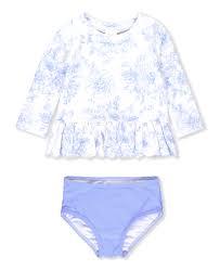 Baby/Toddler Girls Rash Guard 2-Piece Swimsuit Set - Long Sleeve Bikini Periwinkle Butterfly Garden, 7