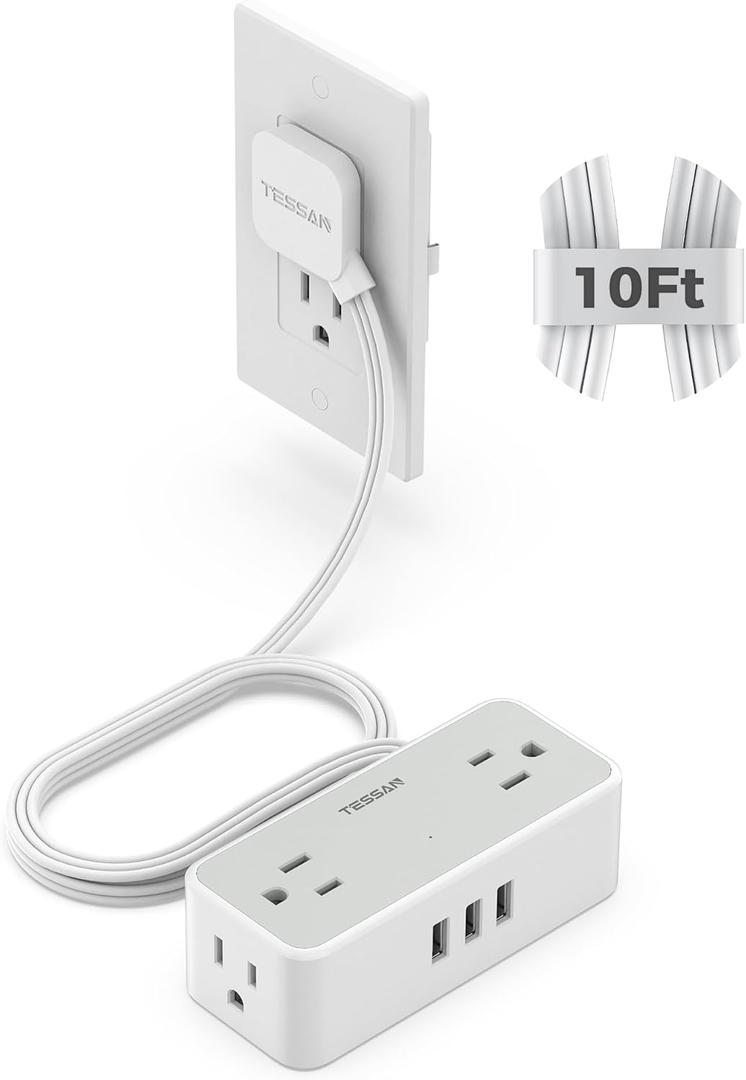 Ultra Thin Flat Plug Extension Cord 10 ft, TESSAN Surge Protector Power Strip with 4 Widely Space AC Outlets 3 USB Charging Ports, 900 Joules Protection for Home Office School Dorm Room (Gray)