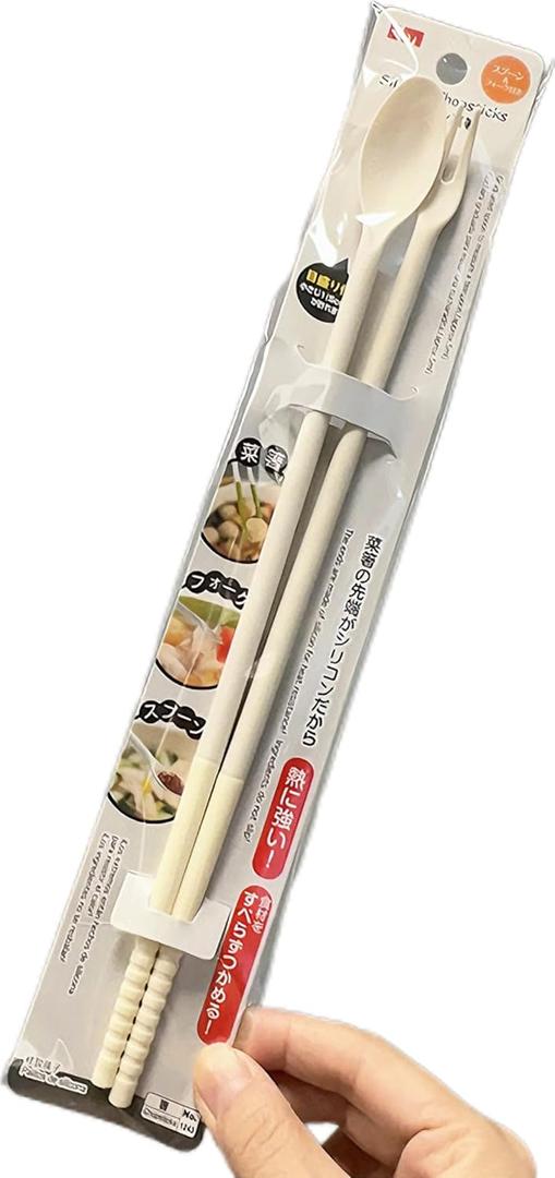 Silicone Cooking Chopsticks with Measuring spoon and fork,Safe Frying,Hot Pot,Seasoning spoon,Measuring spoon,Dessert fork,Fruit fork(tail spoon + fork)( white)