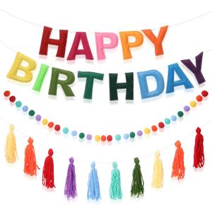 Pre-Strung Happy Birthday Banner Rainbow Decorations Felt Ball Garland Happy Birthday Sign for Party Decorations Unicorn Party Decor (Rainbow)