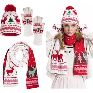 hoyuwak Knitted Hat Scarf Glove Set for Women, Pom Pom Beanie Warm Gloves Winter Scarf Winter Set for Christmas Cold Weather, White, Red