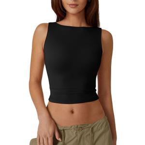 QINSEN Women's Sexy Open Back Sleeveless Crop Tank High Neck Slim Fit Cropped Tee Shirt Y2k Tops (Medium, Black)