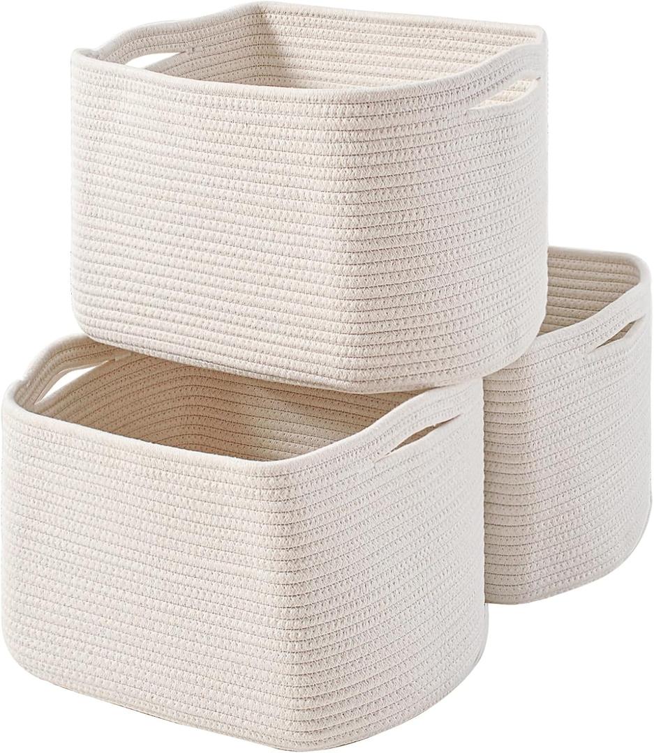 ICERZCZ Storage Baskets for Organizing Shelves, Woven Cotton Rope Bins for Baby Nursery Organization, Book Toy Towel Organizer, 15"x11"x9.5", 3 Packs, Off White