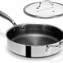 USELUCK-Non-electric deep fryers Hybrid Nonstick 5.5-Quart Deep Saut Pan with Tempered Glass Lid, Stay-Cool Handle, Dishwasher-Friendly, Oven-Safe, Induction Ready, Compatible with All Cooktops (Single Helper Handle)