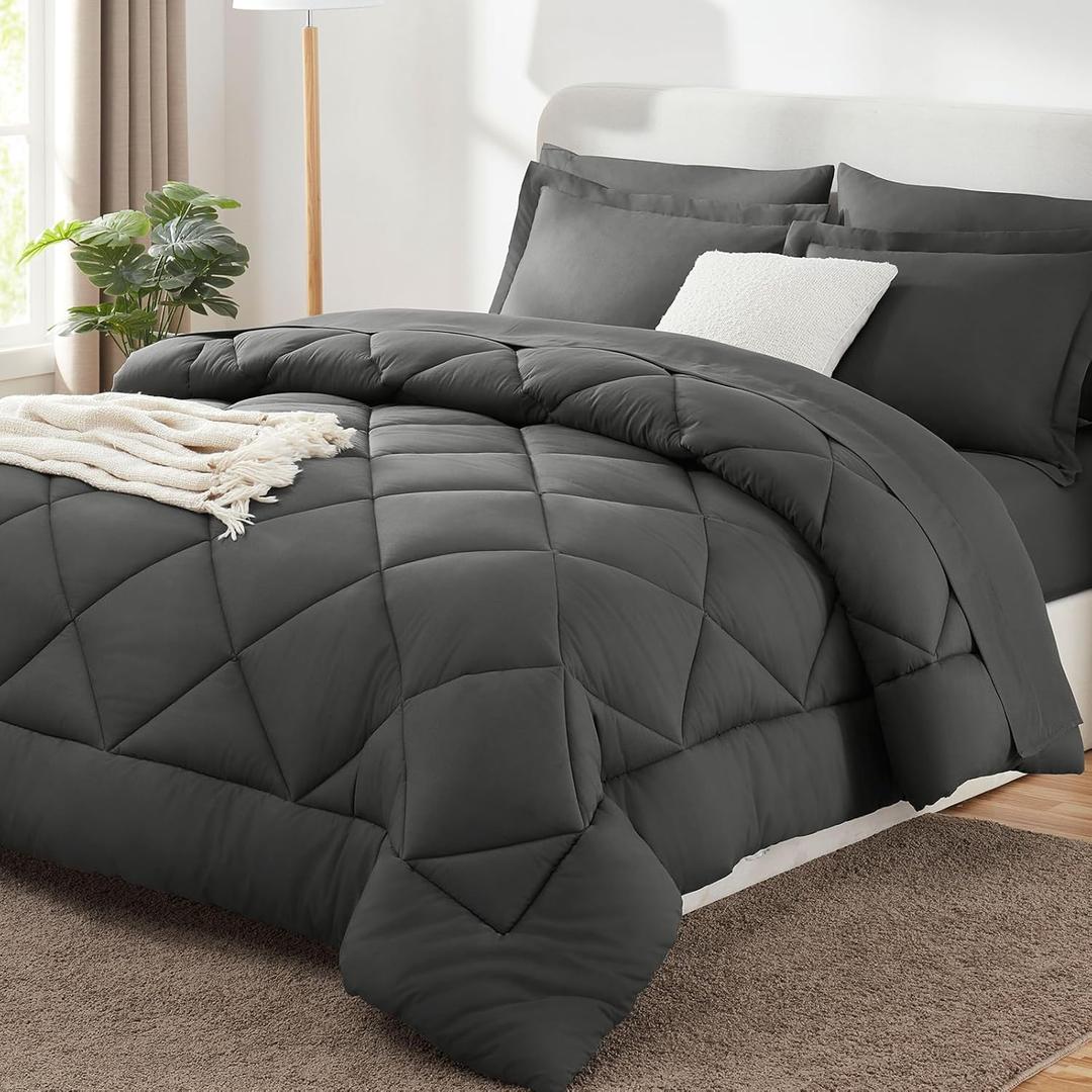 Queen Comforter Set with Sheets Dark Grey - 7 Pieces Bed in a Bag | OEKO-TEX Certified, All Season, 240GSM Down-Alternative Comforter, Sheets, Pillowcases & Shams, 14" Deep Pocket, Easy Care, 84x70 inch