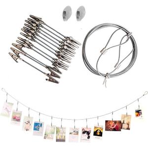Photo Hanging Display with Clips, Wall Hanging Photo Display, DIY Picture Photo Frame String Photo Display Cable Wire Rod String with 12 Clips