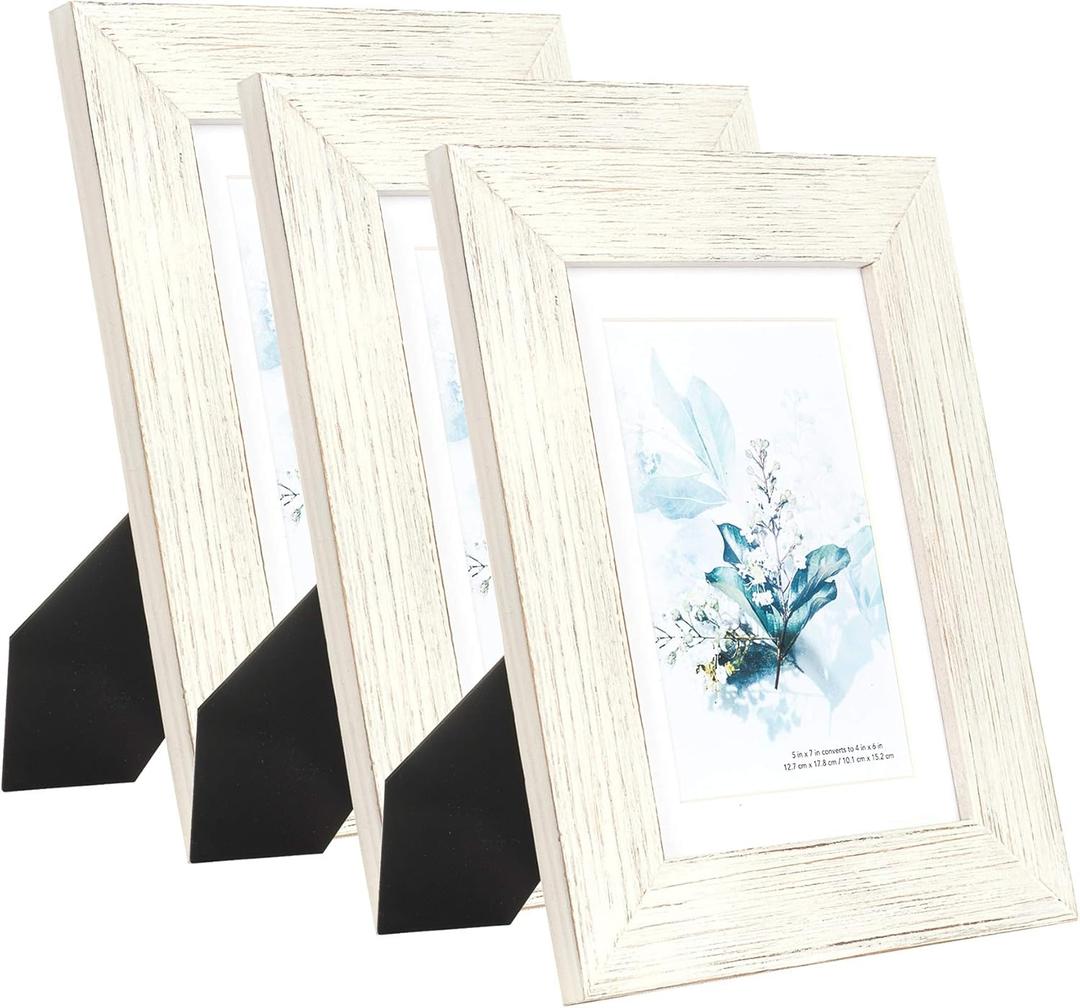 KAIWIN 100% Solid Wood White 5x7 Picture Frame 3 Pack - Display Picture 4x6 with Mat, HD Plexiglass Inside, Rustic Wooden Photo Frames for Table Top and Wall Mounting