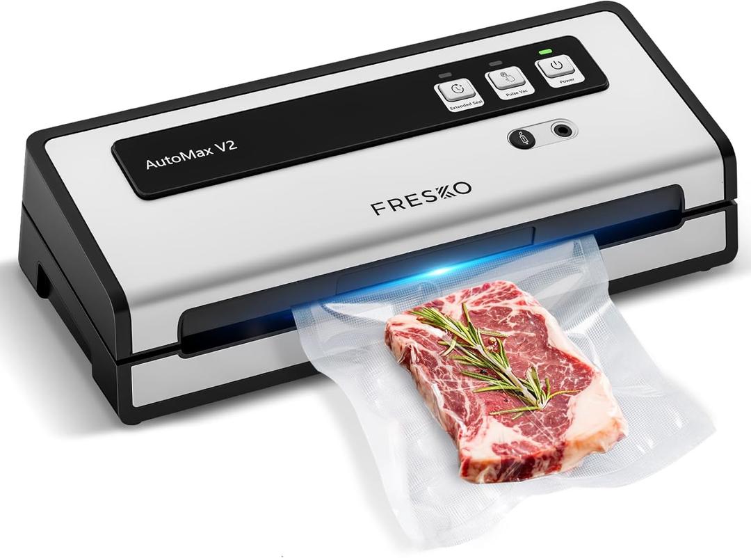 FRESKO Vacuum Sealer Machine with Automatic Bag Detection, 0.2-inch Widened Heating Strip, Compact Food Sealer, Easy to Use, Starter Kit (Large, Silver Black)
