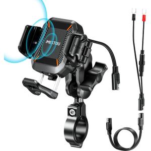 iMESTOU Motorcycle Wireless USB C Phone Mount Anti-Vibration, Anti-Theft 1" Ball Qi Phone Mount Suitable for 5.2"-7.2" Up to 15mm Thick Phones, Fits for 22-32mm Handlebars, Works with 12-24V Vehicles