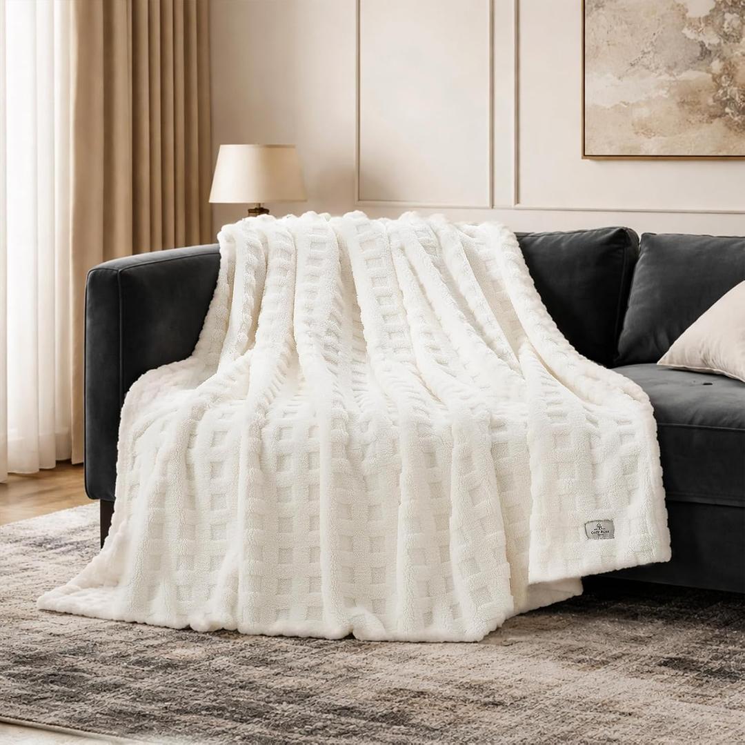 Cozy Bliss Ultrasoft Waffle Throw Blanket, Fluffy Cute Plush Blanket for Couch, Bed, Modern Home Accent, Portable for Picnic or Outdoor, Ivory, 108"x90", King