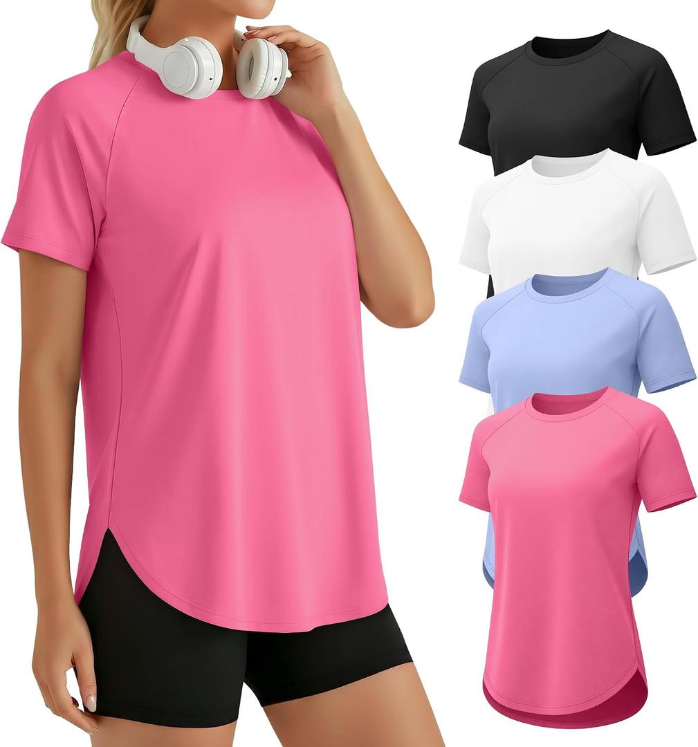 4 Pack Women's Workout Shirts Quick Dry Athletic Tops Short Sleeve Loose Gym Yoga Running Tee Curved Hem Side Split