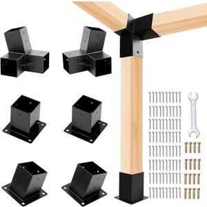 6 PCS Pergola Brackets Kit,15 3-Way Slanted Roof Pergola Bracket Set 4x4 (Actual: 3.5x3.5 in),2 Pack Angle Corner Bracket with Post Base for Wooden Beams Lumber Gazebos Patio Pergola Sheds