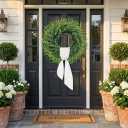 26''Large Artificial Boxwood Wreath for Front Door, All Year Round Greenery Wreath Home Decor Artificial Spring Summer Greenery Hanging for Wall Farmhouse Wedding Indoor Outdoor Decor(Include Ribbon)
