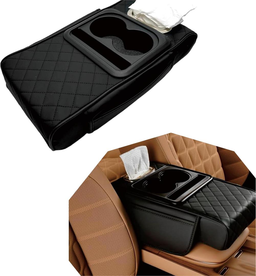 Car Center Console Cover, 5-in-1 Thickened Armrest Protector Pad, Leather Center Armrest Protector with Storage Compartment, Universal for Most Cars (Black)