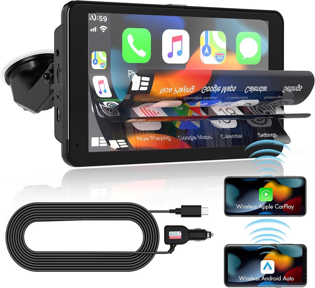Wireless Carplay Car Stereo, Portable 7 Inch Carplay Screen, Wireless Android Auto Screen, with Mirror Link/Voice Control/Bluetooth/FM/Navigation for All Vehicle