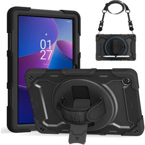 Case for Lenovo Tab M10 Plus 3rd Generation 10.6" TB-125FU/TB-128FU/TB-128XU Rugged Cover with 360 Rotating Kickstand Hand Shoulder Strap, Black