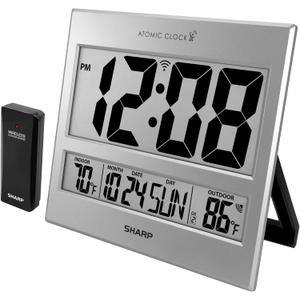 Sharp Atomic Clock - Atomic Accuracy - Never Needs Setting! -Silver Tech Style - Jumbo 3" Easy to Read Numbers - Indoor/Outdoor Temperature Display with Wireless Outdoor Sensor - Easy Set-Up!