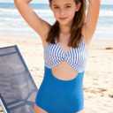 Funnycokid Girls One Piece Swimsuit Color Block Teen Bathing Suit with Pad Cover Up Skirt(7-16Y)