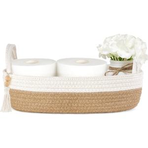 Mkono Small Storage Basket for Toilet Tank Top Boho Bathroom Decor Woven Rope Toilet Paper Tray Organizer for Shelf Bedroom Living Room, Brown and White, 1 Pack, 13" L x 6" W