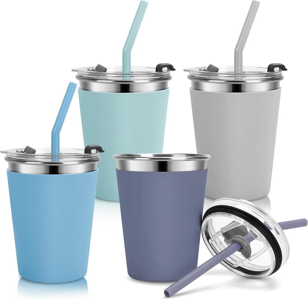 Kids Cups with Straws and Lids Leak Proof, 12oz Sippy Cups for Toddlers 1-3, Spill Proof Cup Stainless Steel Kids Cups with Lids for Home School, Outdoor, 4 Pack (Blue,Green,Gray,Purple)
