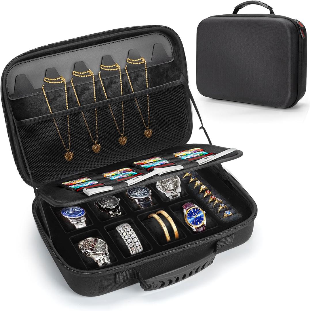 Travel Jewelry Box Watch Case, 8 Slots Watch Display Organizer with Soft Pillow, Hard Storage Bag with 10 Ring Holders, 6 Necklace Hooks, 16 Watch Strap, Jewelry Bracelets Carrying Case for Men Women