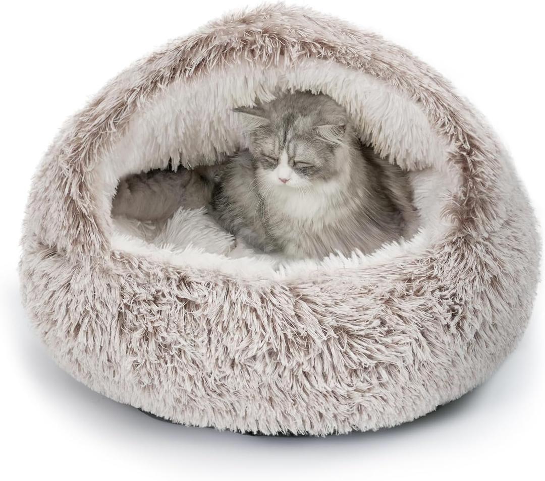 CATISM Plush Hooded Cat Bed, Calming Nest, Self-Warming Cave, Cozy Pod for Indoor Cats or Small Dogs, Removable Washable Cove With Non-Slip Bottom (21.0"L x 21.0"W x 15.0"Th, coffee)