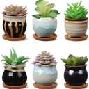 BBTO 6 Set Small Ceramic Succulent Pots with Bamboo Tray Flower Pots with Drainage Hole Succulent Garden Containers Ideal Present for Cactus Office Indoor Home Decoration Gifts, 2.9 x 3.1 Inches