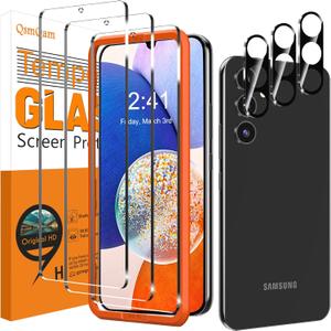 QsmQam 3 Pack Screen Protector for Samsung Galaxy A14 5G + 3 Pack Camera Lens Protector, Ultra HD Tempered Glass, 9H Hardness, Anti Scratch, Easy Installation - Case Friendly
