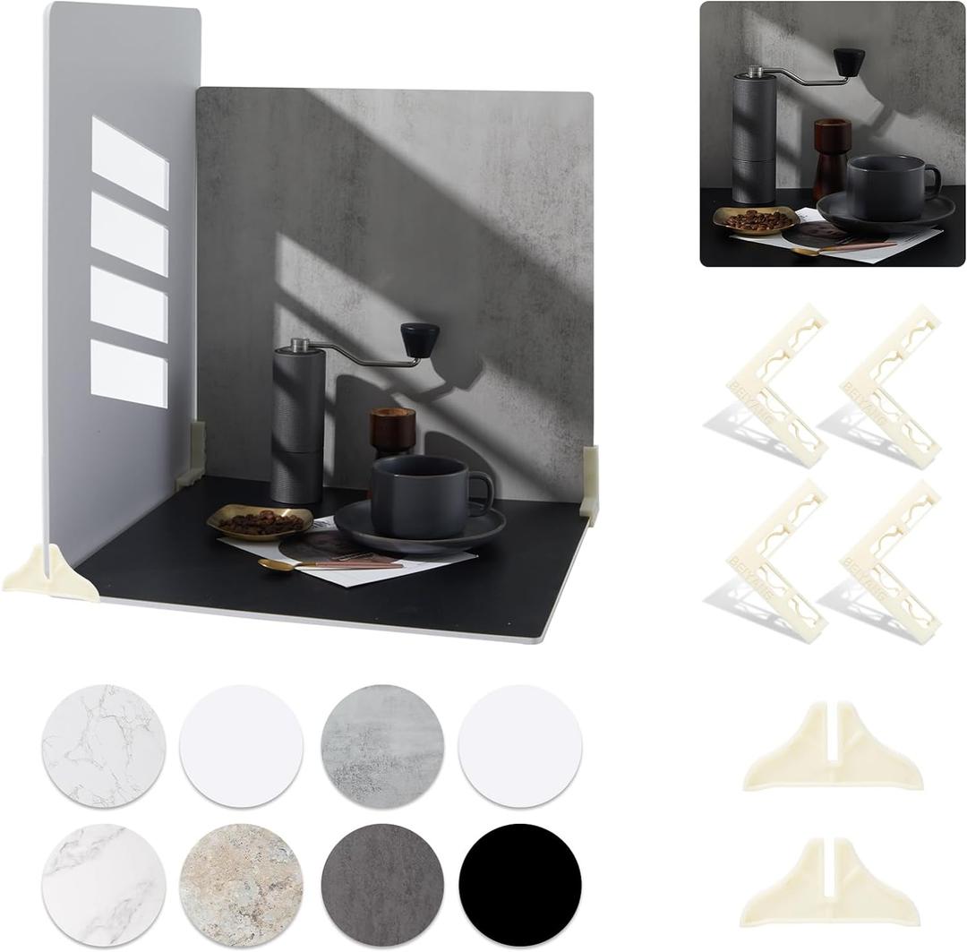 BEIYANG 4PCS 16x16 Inch Backdrop Boards and 1PCS 15x19 Inch Window Shadow Pane, Perfect Backdrop Kit for Small Product Such as Food Drink Make-up Flower, Durable Waterproof