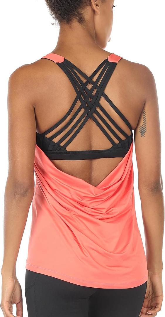 icyzone Women's Open Back Workout Athletic Yoga Tank Tops with Built in Bra (Small, Fusion Coral)