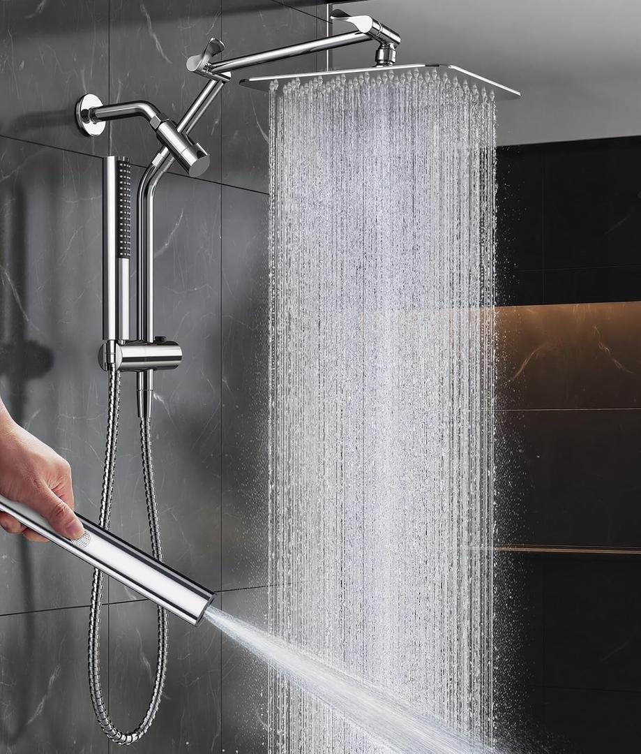Veken All Metal 10" Shower Head with Handheld, Luxurious Square Double Rain Shower Heads,Power Wash Wand,Dual High Pressure Detachable Rainfall Showerhead with Spray Combo,Extension Arm,Chrome,Sliver