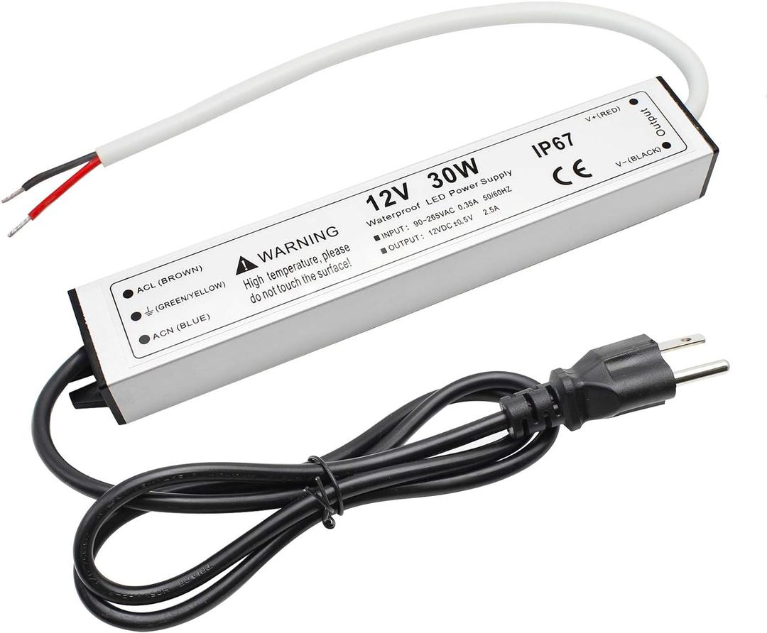 30W 12 Volt LED Power Supply, Waterproof IP67 LED Driver, 110V AC to 12V DC Converter, LED Transformer Low Voltage Output with 3-Prong Plug 3.3 Feet Cable for LED Light Strip, 2.5Amp