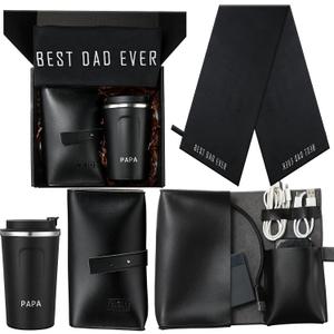 2 x Skylety 4 Pcs Dad Gift Best Dad Gift Set for Men from Daughter Son Wife 12 oz Tumbler Towel Leather Electronic Cable Organizer Bag with Presents Box for Him Papa Father Birthday