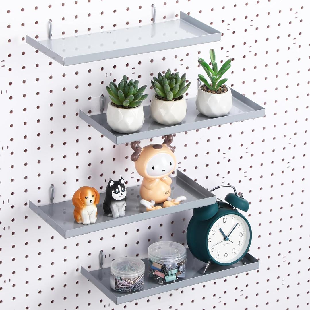 4 Pcs Pegboard Shelves, 12 x 5 Inch Metal Shelf Brackets Pegboard Tray Accessories Wall Organizer for Craft Room Home Garage Nursery Workbench Kitchen (Gray) (Grey)