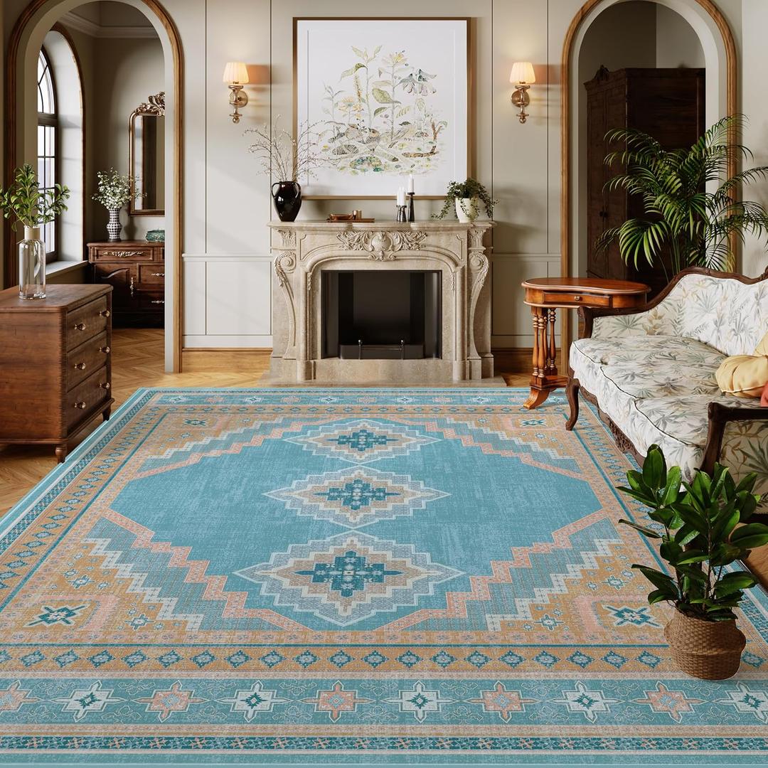 8x10 Area Rug - Washable Ultra-Thin Carpet Non-Slip Blue Yellow
Vintage Rug Soft & Stain Resistant for Living Room Bedroom Dining Room Home Office
