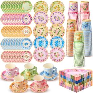 Nuogo 300 Pcs Disposable Tea Party Supplies Vintage Floral Paper Tea Cups with Handle and Plates Napkins Tea Cup and Saucer Set for Birthday Baby Shower Bridal Wedding Mother's Day, Serve 100 Guest (Warm)