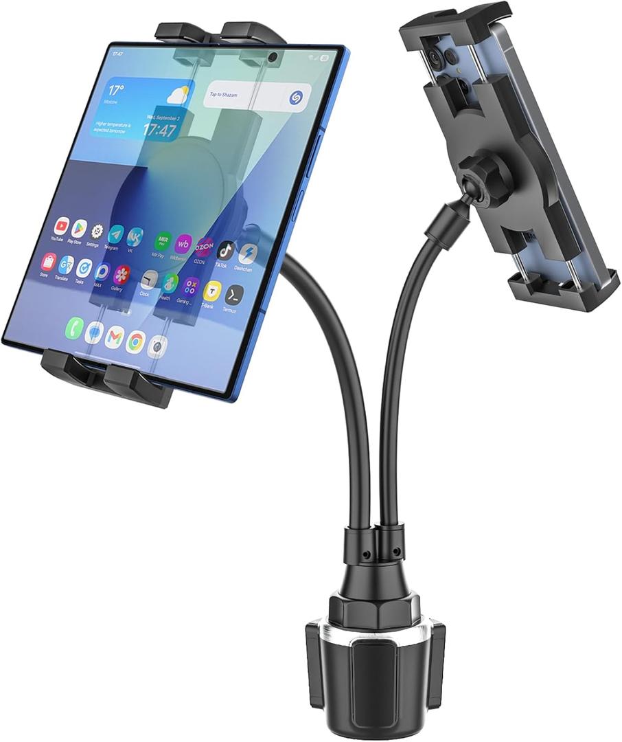 Dual Cup Holder Tablet Car Mount for 4.7"-13" Phone & iPad - Gooseneck Double Tablets Mount for Truck, Cup Car Tablet Holder Stand Compatible with iPad Pro/Air/Mini, Galaxy Tabs, iPhone