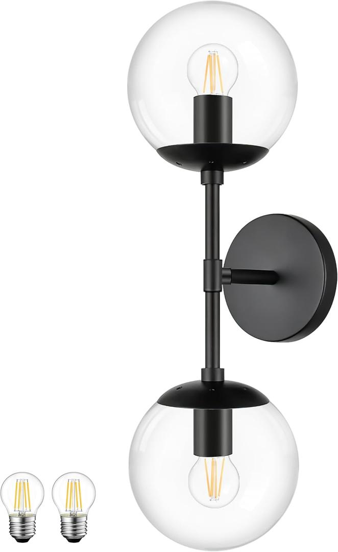 KoKo&Yukina Mid Century Modern Bathroom Vanity Light Matte Black Clear Glass Globe Vanity Light Fixtures Globe Sconce 2-Light Bathroom Lights Wall Fixtures Mid Century Wall Sconce