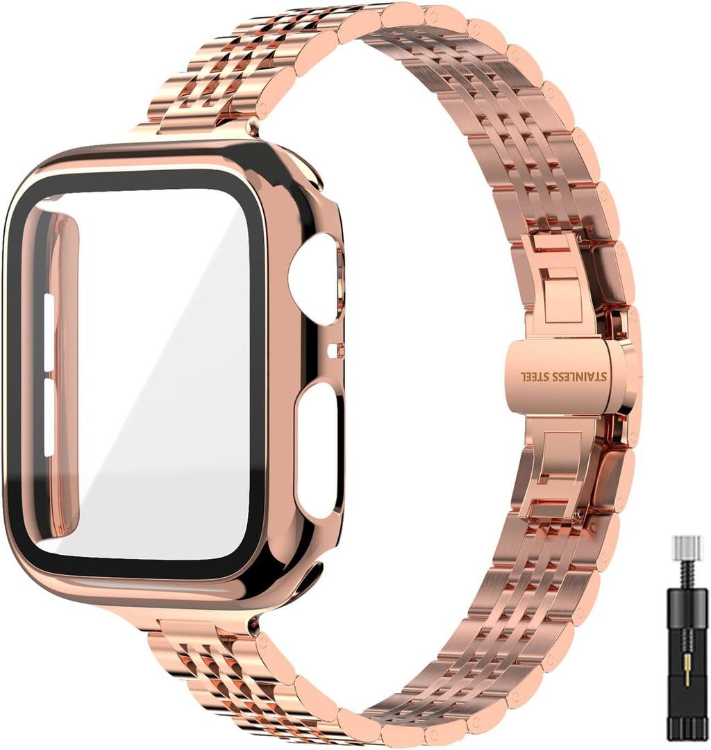 Thin Women Band Compatible with Apple Watch  with Face Cover, Stainless Steel for Metal iwatch Band Series 9 8 7 6 5 4 3 2 1 SE. Size: 45mm